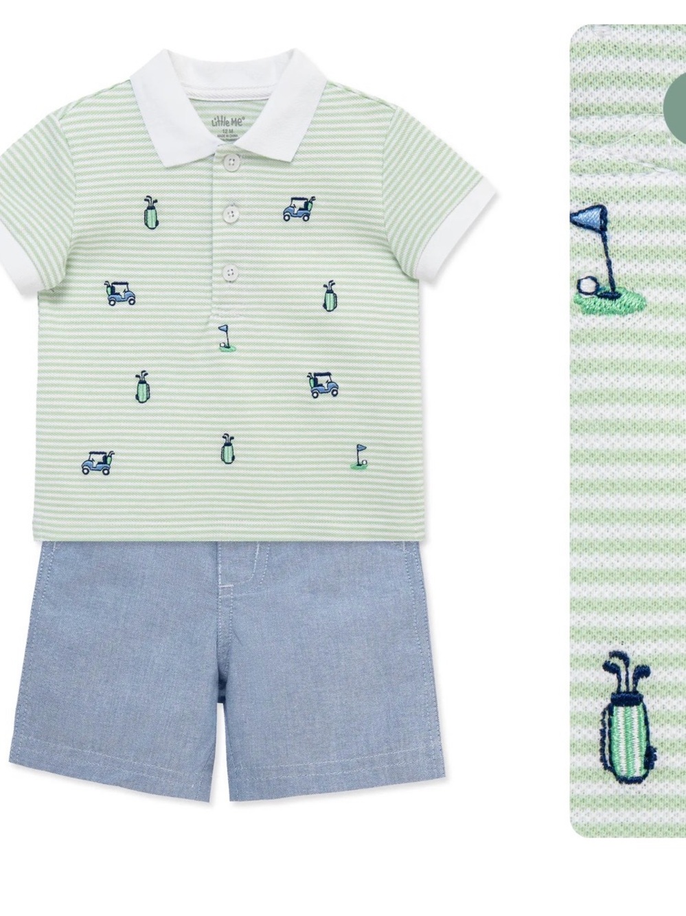 Little Me Green Striped Golf Polo & shorts set - NWT